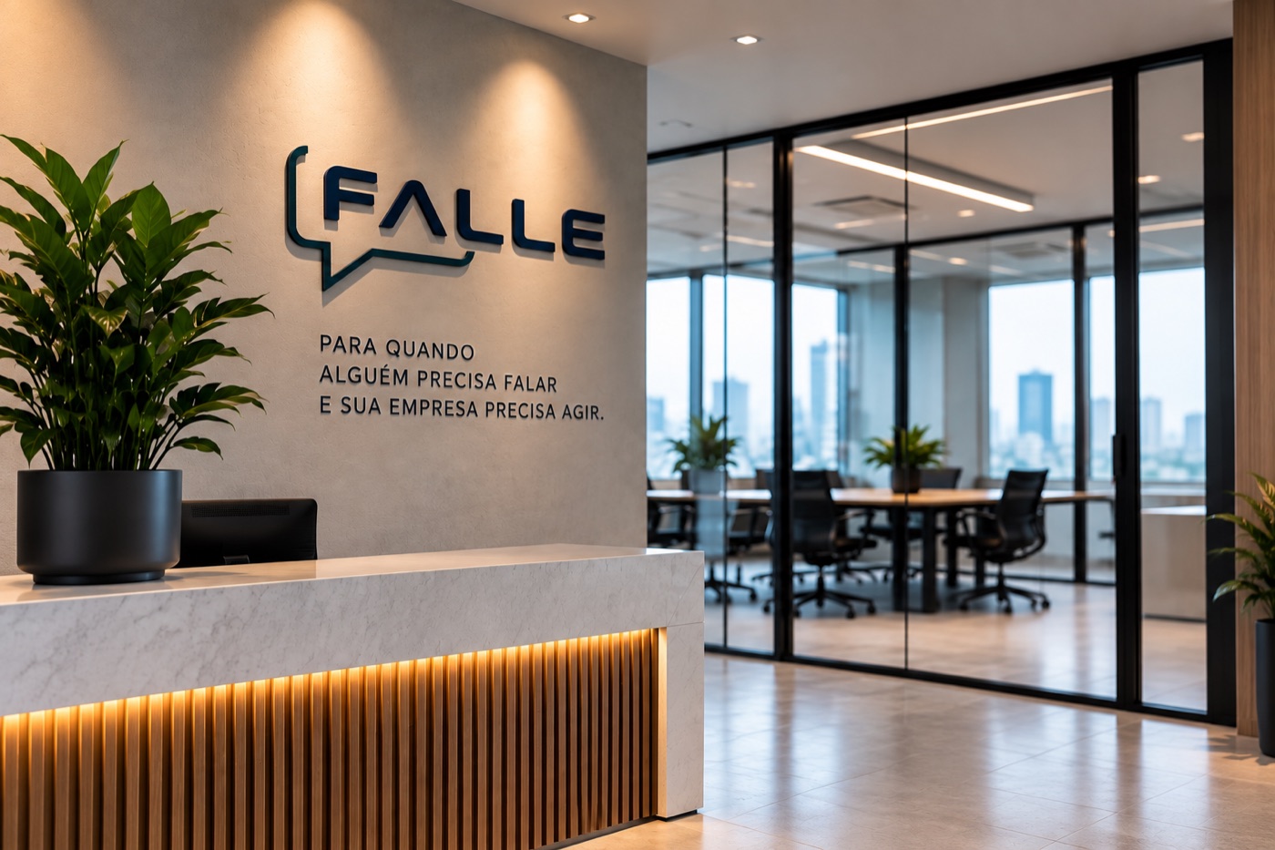 Recepção corporativa FALLE com ambiente de escritório moderno